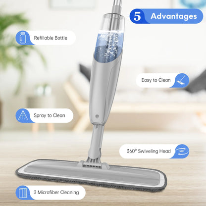 Spray Mop for Floor Cleaning Wet, with 14 Oz Refillable Bottle and 3 Washable Microfiber Pads Home and Commercial Use, Gray