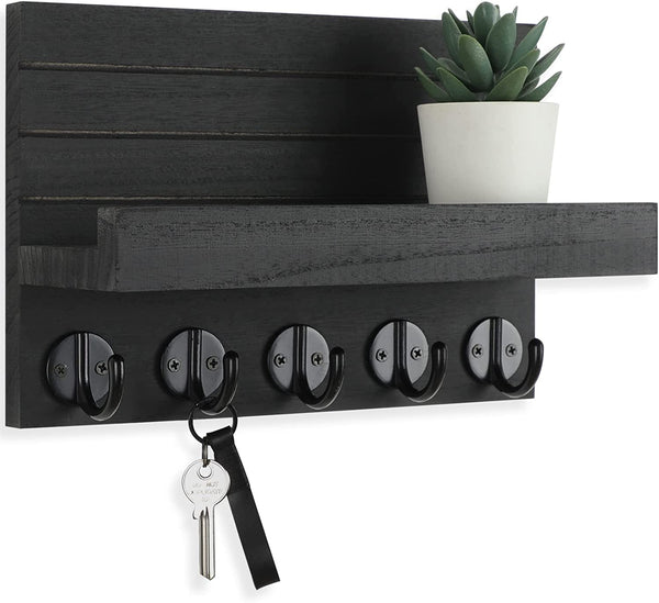 Wood Key Holder for Wall with Shelf – Mail Organizer & Hooks for Keys, Bags, Coats, Entryway Decor
