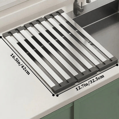 Kitchen Foldable Stainless Steel Dish Rack over the Sink Dish Drying Rack Multipurpose Kitchen Drainer for Sink Dish Rack Heat Insulation Pad