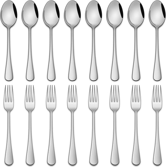 Salad Forks and Teaspoon,6.7 Inches Stainless Steel Dessert Spoons and Forks,Set of 16 Dishwasher Safe Silverware Fork and Spoon for Home,Restaurant