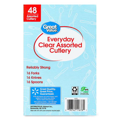Plastic Everyday Clear Assorted Cutlery, 48 Count Includes 16F/16S/16K