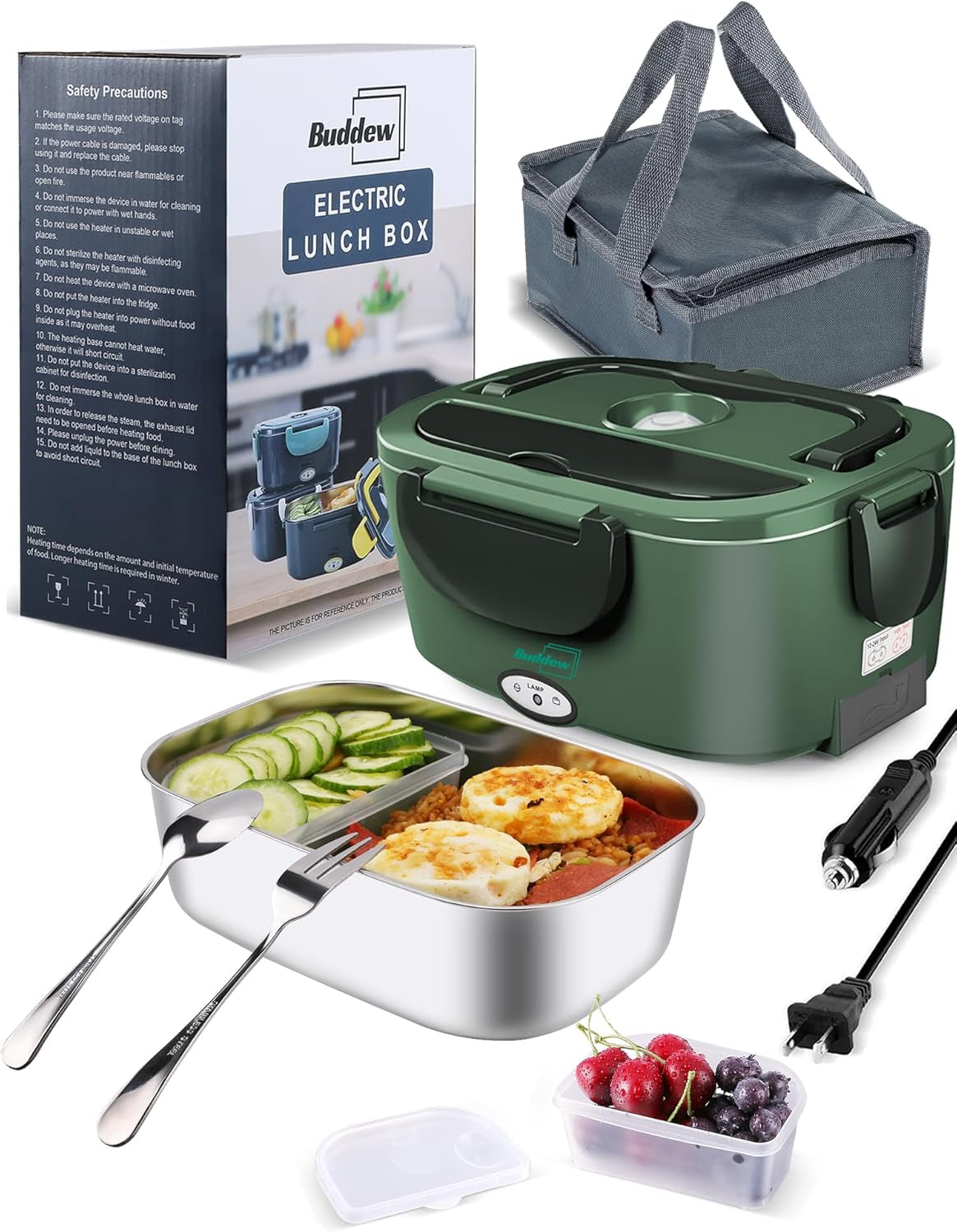 Electric Lunch Box 80W Food Heater for Adults, 12/24/110 V Portable Food Warmer for Travel & Work, 1.5L Food Warmers, Loncheras Para Hombres De Trabajo (Green)
