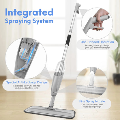 Spray Mop for Floor Cleaning Wet, with 14 Oz Refillable Bottle and 3 Washable Microfiber Pads Home and Commercial Use, Gray