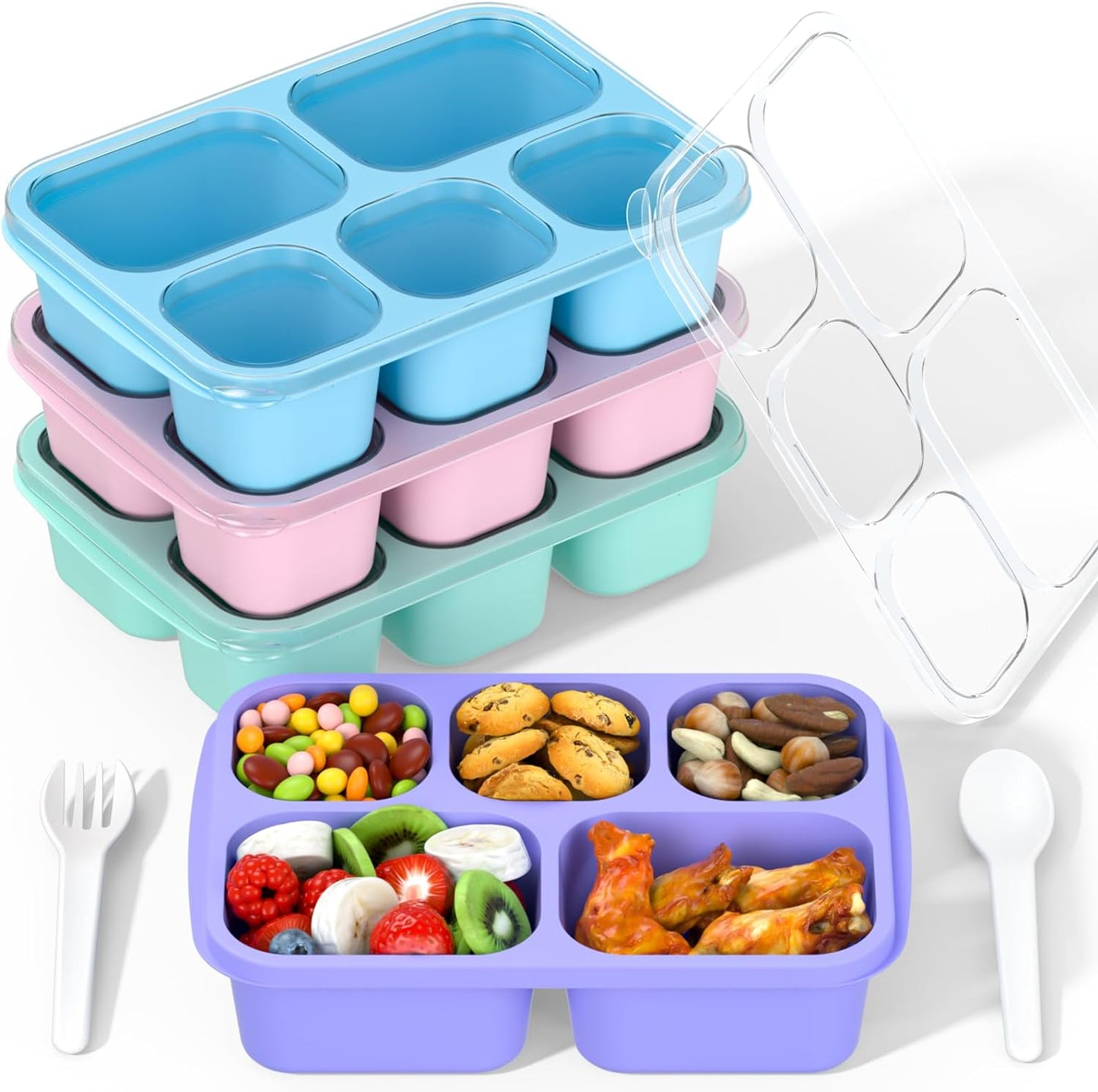 Bento Box Adult Lunch Box - 4 Pack, 5 - Compartment Meal Prep Container for Kids, Reusable Food Storage Snack Containers - Stackable for School, Work, and Travel (Wheat(Green/Blue/Pink/Beige))