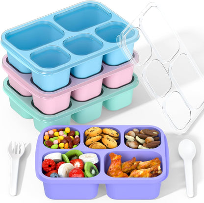 Bento Box Adult Lunch Box - 4 Pack, 5 - Compartment Meal Prep Container for Kids, Reusable Food Storage Snack Containers - Stackable for School, Work, and Travel (Wheat(Green/Blue/Pink/Beige))