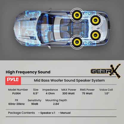 6.5” Car Subwoofer Speaker – 300W Peak Power, 4 Ohm, Butyl Rubber Surround, Yellow Cone
