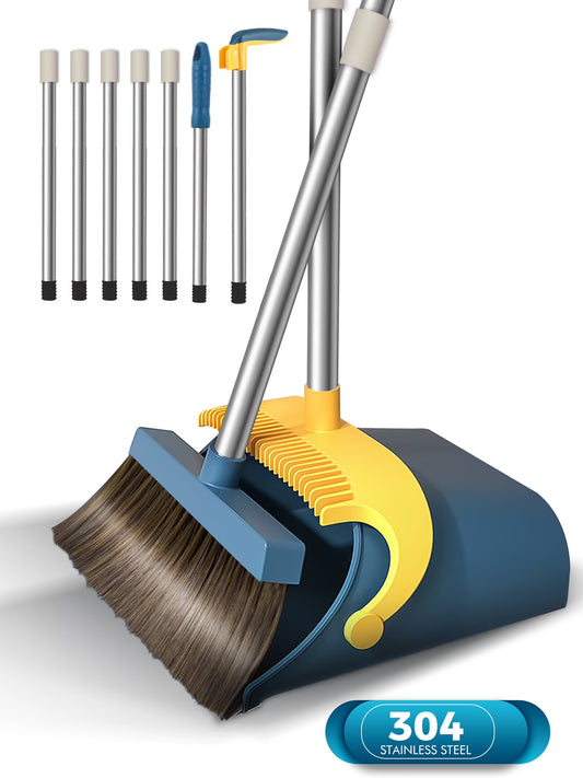 Upgrade Broom and Dustpan Set for Home,Self-Cleaning with Dustpan Teeth,51.2In,Stand Up,Blue