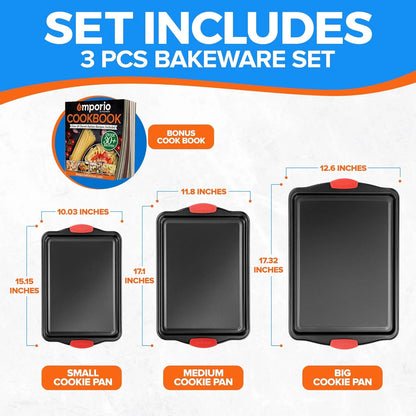 Baking Pan Set - Nonstick Coating, Carbon Steel Bakeware Set with Red Silicone Handles, Recipe Booklet Included, Oven Safe Tray (Up to 450° F), Set of 3 - Black