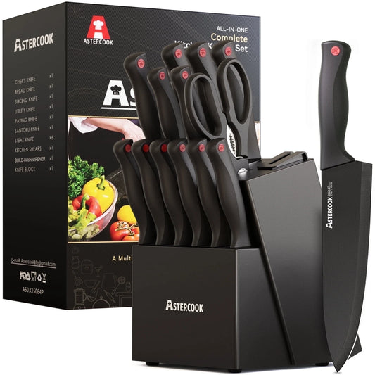 Kitchen Knife Set, 14 Pcs Knives Block Set with Built-In Sharpener, Healthy Anti-Rust Coating & German Stainless Steel Knife Set, Dishwasher Safe Black
