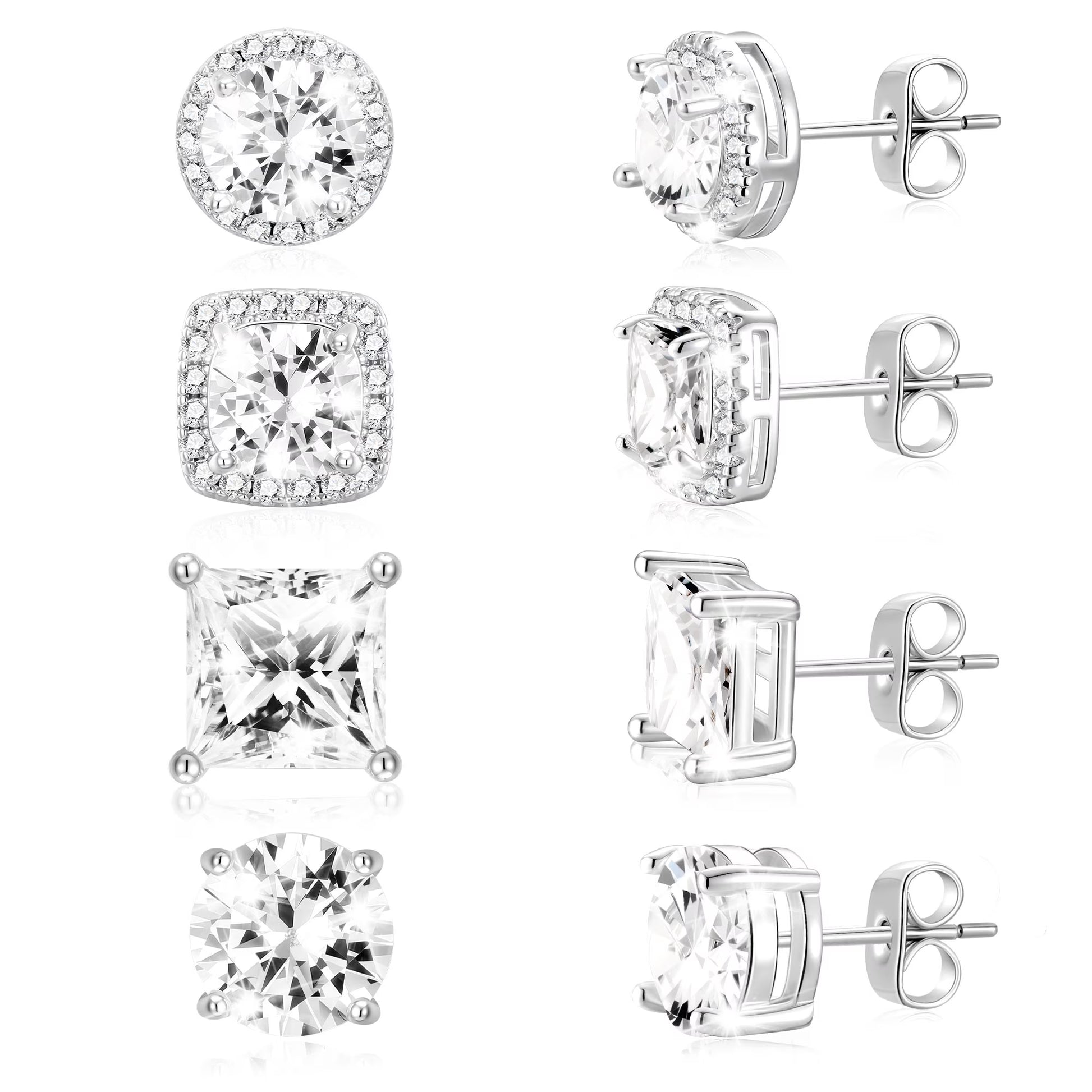 4 Pairs 18K White Gold Plated Halo Stud Earrings for Women Men CZ Hypoallergenic Post S925 Sterling Silver Earrings Set Wedding Birthday Jewelry Gifts Ideas Mom Wife Bride Boyfriend Husband
