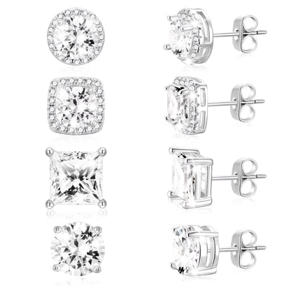 4 Pairs 18K White Gold Plated Halo Stud Earrings for Women Men CZ Hypoallergenic Post S925 Sterling Silver Earrings Set Wedding Birthday Jewelry Gifts Ideas Mom Wife Bride Boyfriend Husband