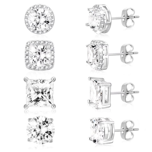 4 Pairs 18K White Gold Plated Halo Stud Earrings for Women Men CZ Hypoallergenic Post S925 Sterling Silver Earrings Set Wedding Birthday Jewelry Gifts Ideas Mom Wife Bride Boyfriend Husband