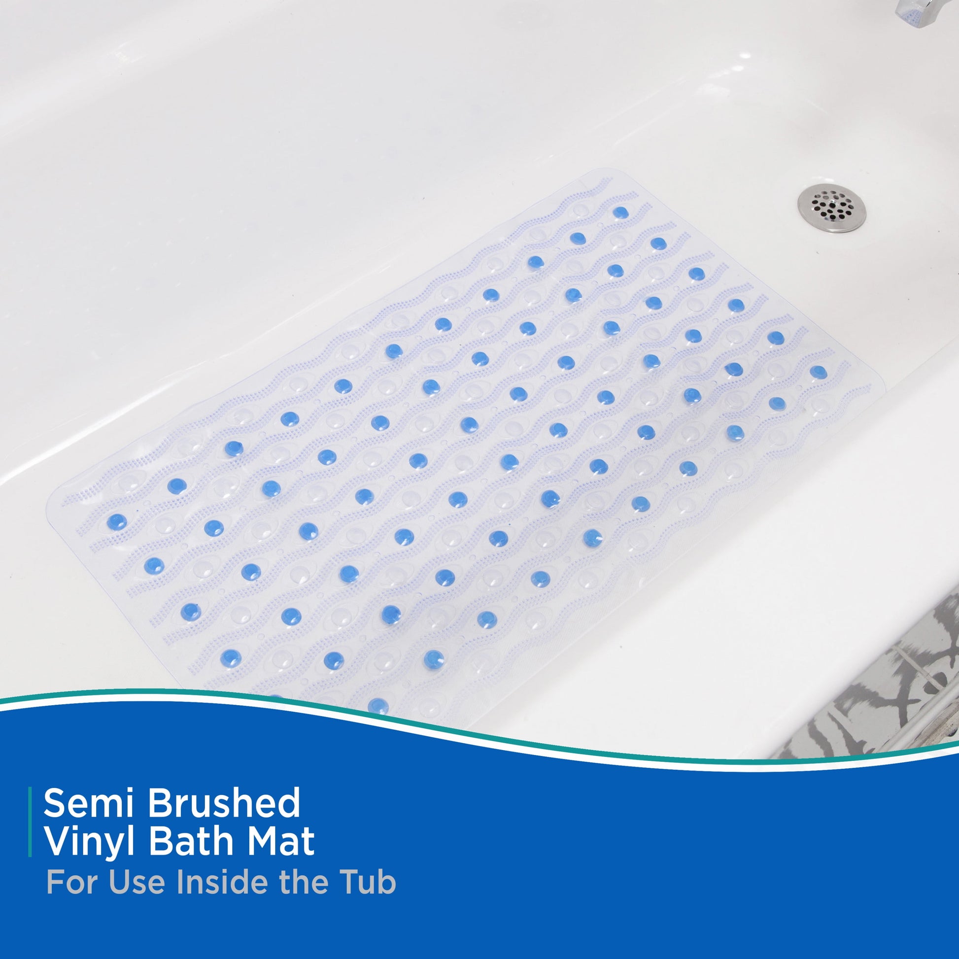 ® inside the Shower Vinyl Semi-Brushed Bath Mat with Suction Cups and Drain Holes, 27.5" L X 15.5" W, Clear and Blue