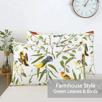 100% Cotton Green Leaves Birds Print 1000 Thread Count Pillow Cases, Queen (2 Count)