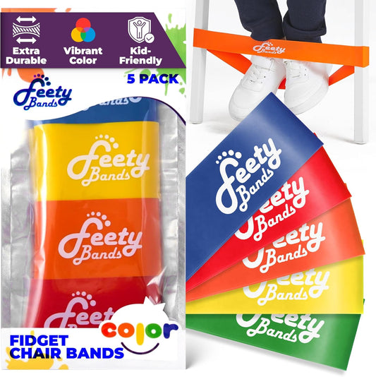 Feety Chair Bands for Kids with Fidgety Feet (5-Pack) - ADHD Fidget Bands for Chairs - Desk Bands for Students - Bouncy Chair Bands for Flexible Seating Classroom - Feety Bands Color (Assorted)