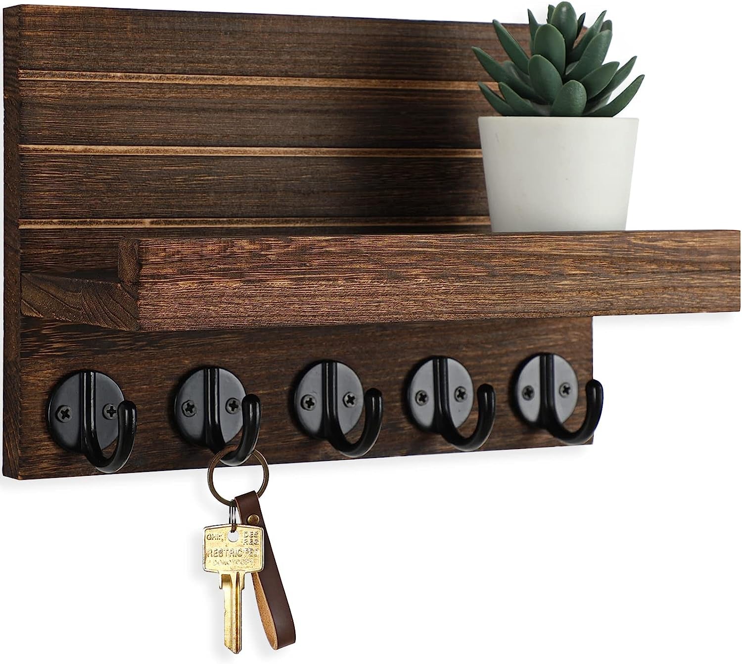 Key Holder for Wall, Decorative Key and Mail Holder with Shelf Has Large Hooks for Bags, Coats, Umbrella – Paulownia Wood Key Hanger with Mounting Hardware (9.8”W X 6.7”H X 4.2”D)