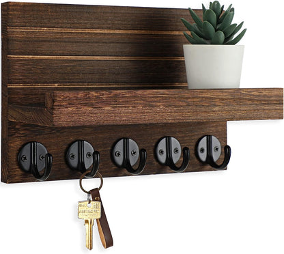Key Holder for Wall, Decorative Key and Mail Holder with Shelf Has Large Hooks for Bags, Coats, Umbrella – Paulownia Wood Key Hanger with Mounting Hardware (9.8”W X 6.7”H X 4.2”D)
