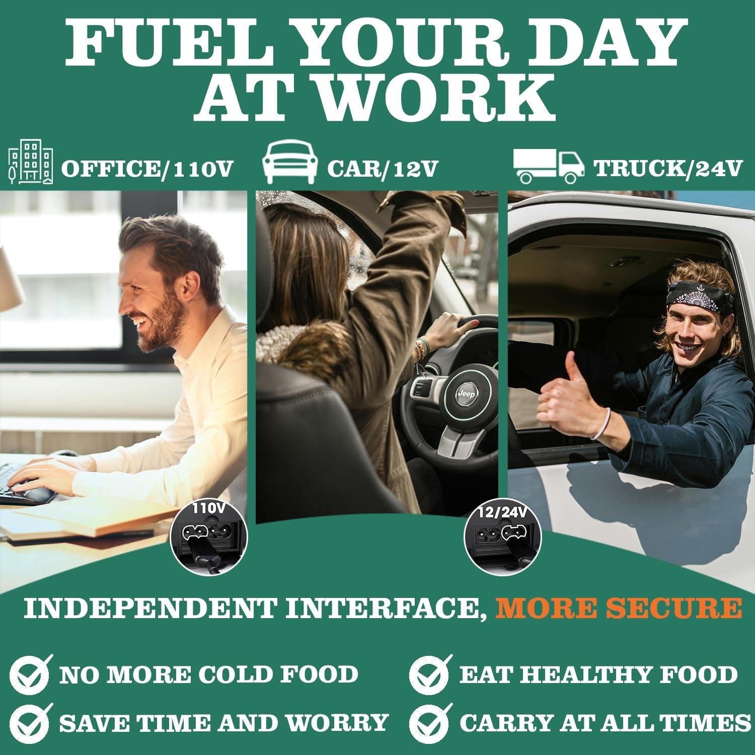 Electric Lunch Box 80W Food Heater for Adults, 12/24/110 V Portable Food Warmer for Travel & Work, 1.5L Food Warmers, Loncheras Para Hombres De Trabajo (Green)
